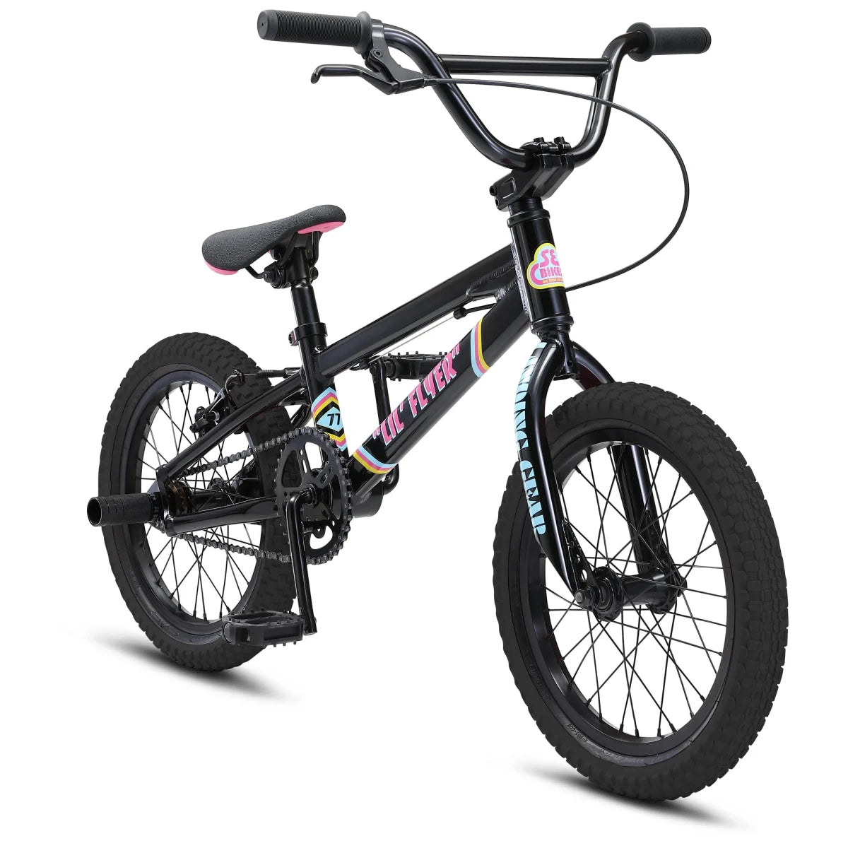 SE Lil Flyer 16-inch black youth BMX bike – A black 16-inch youth BMX bicycle with retro pink and blue decals, knobby tires, and high-rise handlebars stands angled against a plain white studio background.