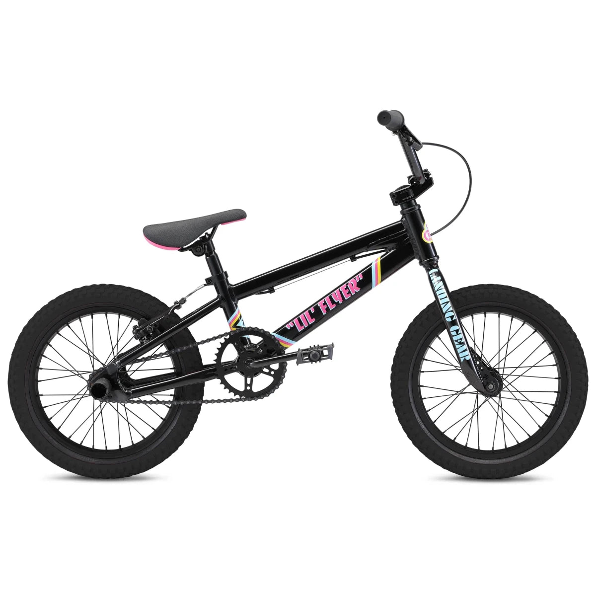 Black SE Lil Flyer youth BMX bike – This black 16-inch youth BMX bicycle is displayed in profile against a plain white background, highlighting retro pink, blue, and yellow graphics and spoked wheels.