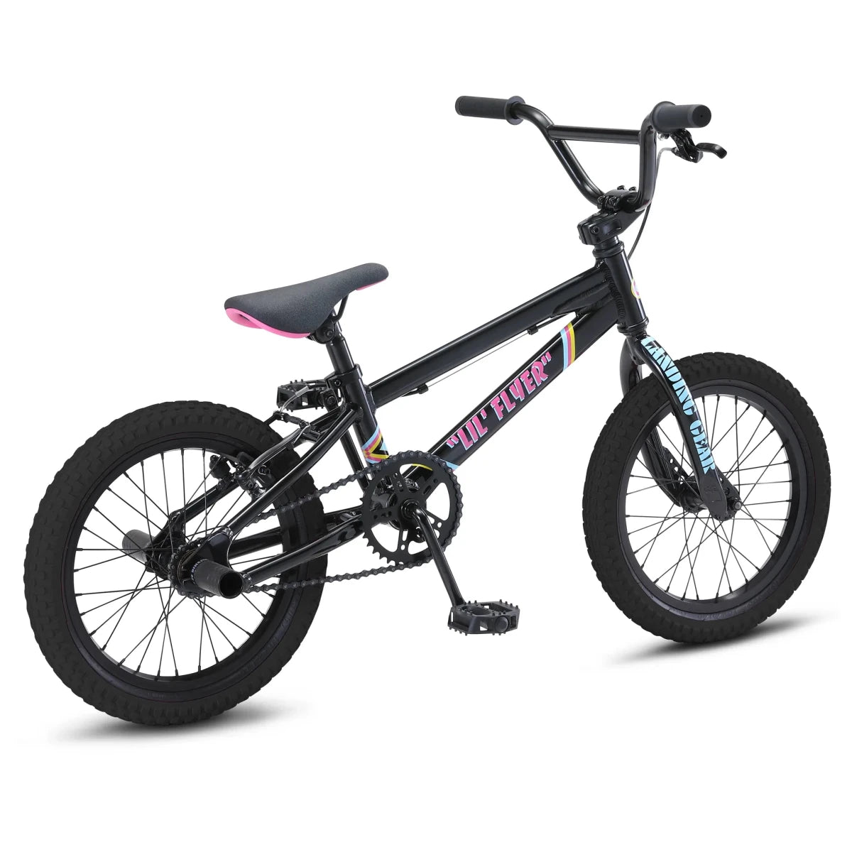 SE Lil Flyer 16 inch youth BMX bike – Gloss black youth BMX bicycle with black knobby tires, high-rise handlebars, and a retro Lil' Flyer downtube decal accented by subtle pink and blue highlights against a white background.