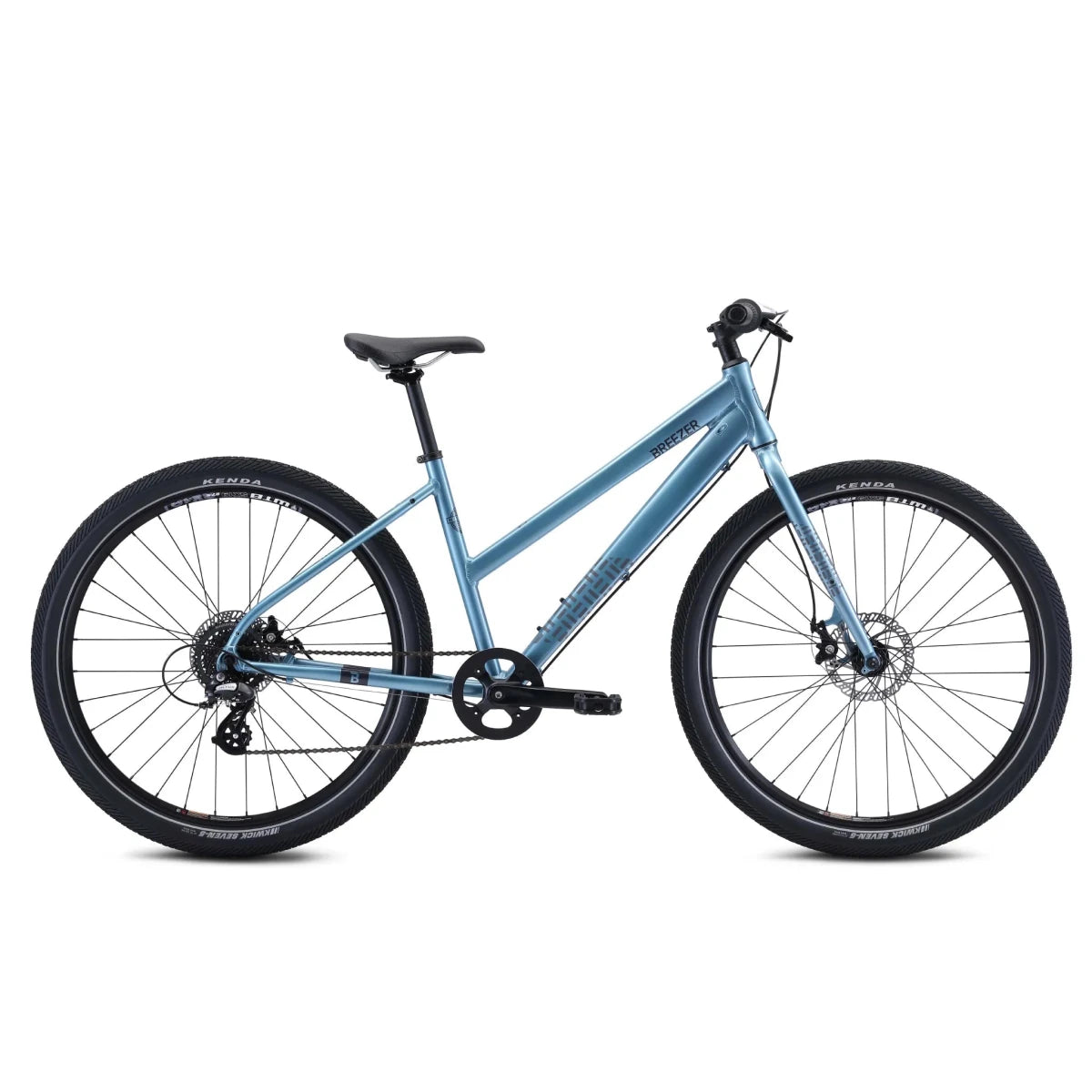 Light blue step-through hybrid bicycle – Light blue aluminum step-through hybrid bike with a black saddle, riser handlebars, Shimano drivetrain, mechanical disc brakes, and Kenda Kwick Roller tires shown in profile against a white background.