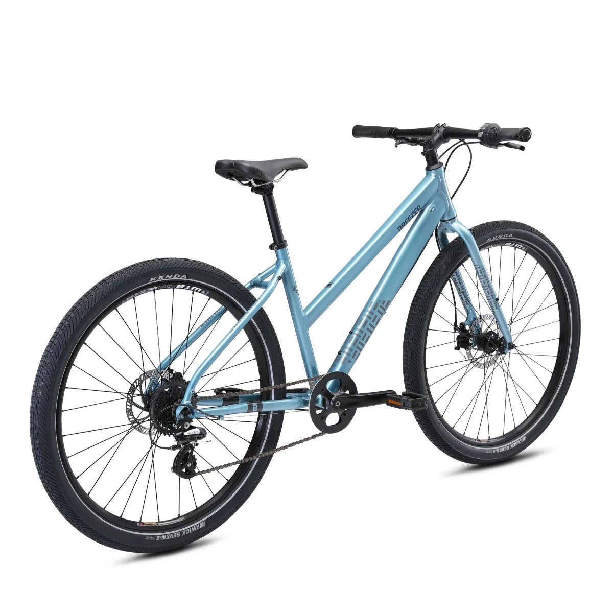 Breezer Midtown step-through hybrid bicycle – A light blue step-through commuter bicycle with black tires, a black saddle, and disc brakes, shown from a rear three-quarter angle on a white background.