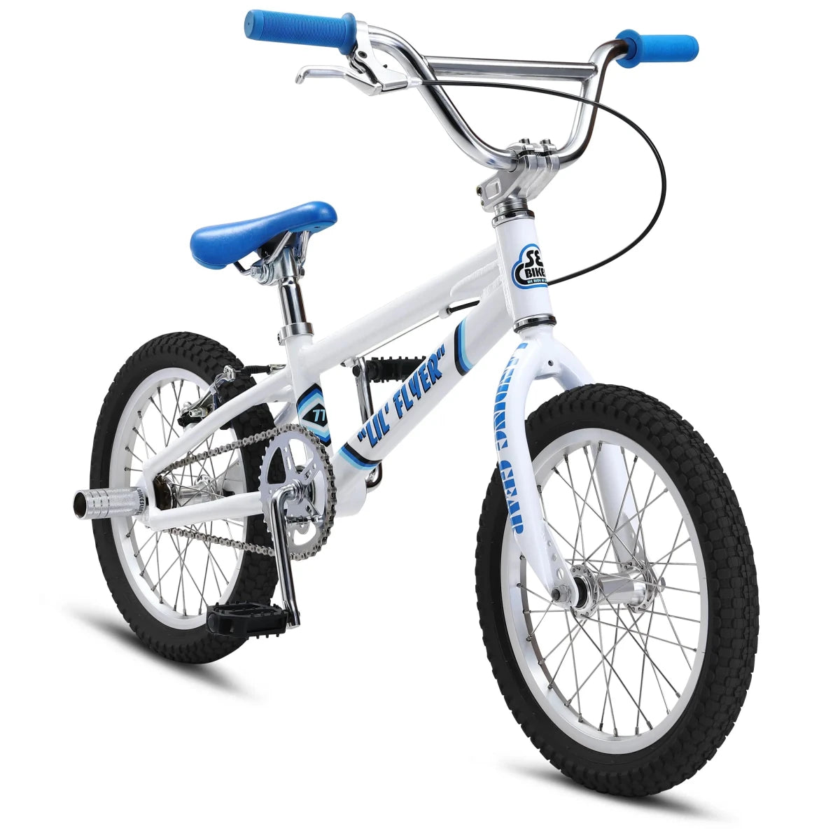 White SE Lil Flyer 16-inch youth BMX bike – A white 16-inch youth BMX bicycle featuring vibrant blue grips and saddle, chrome handlebars, and knobby black tires, shown in a three-quarter view on a plain white studio background.