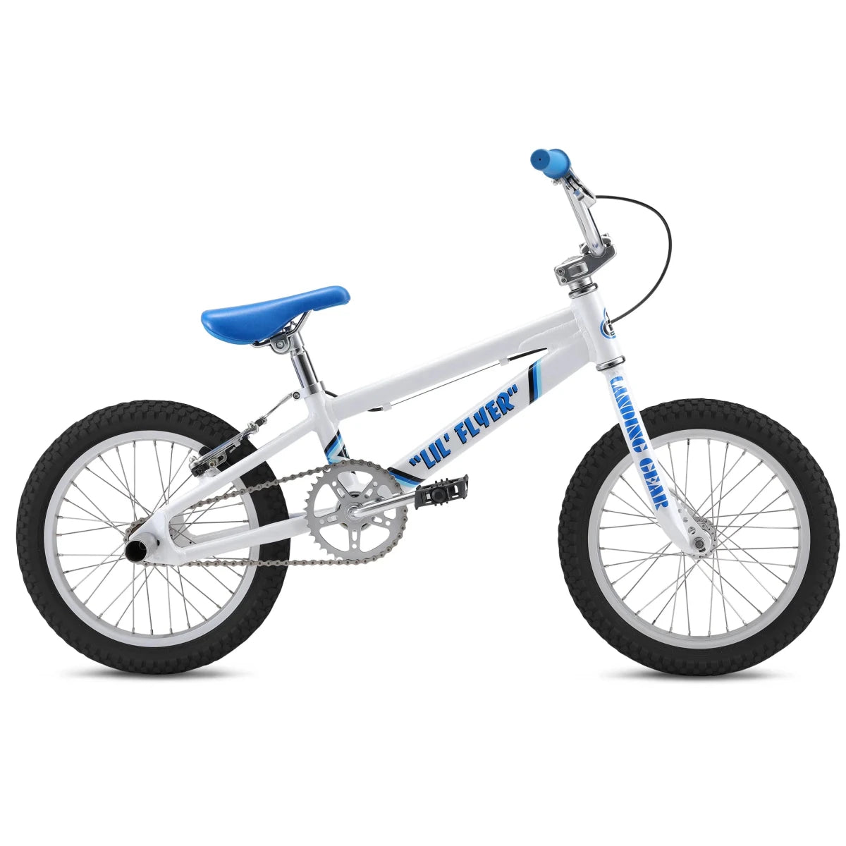 White SE Lil Flyer youth BMX bicycle – A youth BMX bicycle shown in profile against a plain white background, featuring a glossy white frame with blue decals, bright blue seat, chrome handlebars, and black treaded tires.
