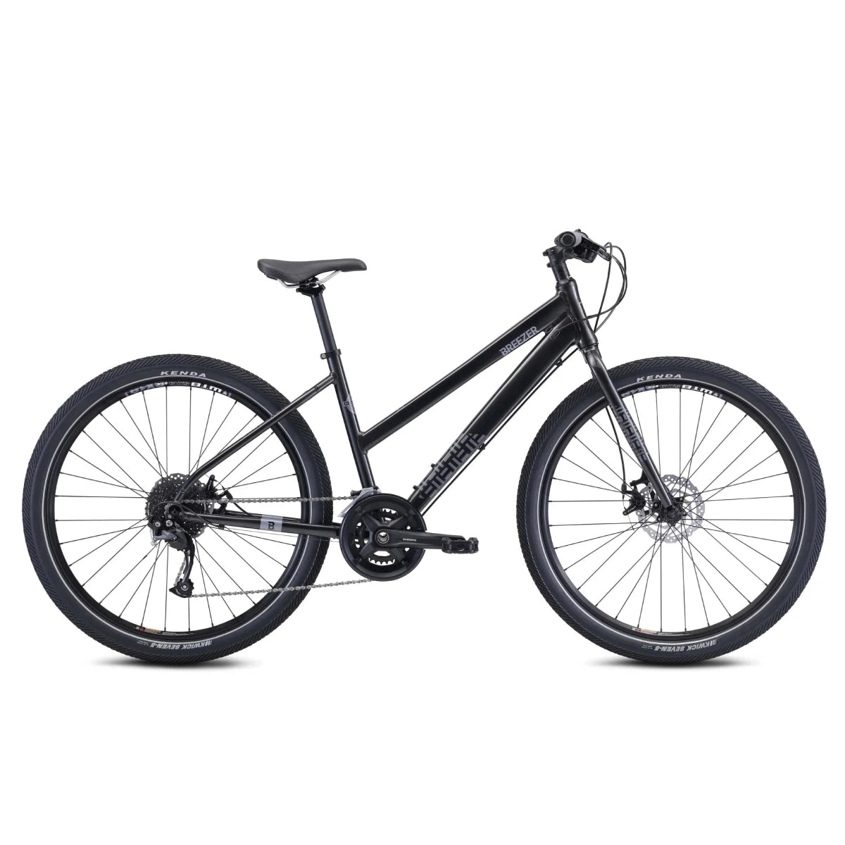 Black step-through hybrid bicycle with disc brakes – A matte black step-through hybrid bicycle with a low-sloping top tube, Kenda Kwest tires, mechanical disc brakes, triple chainring drivetrain, and swept-back handlebars, shown in profile against a white background.