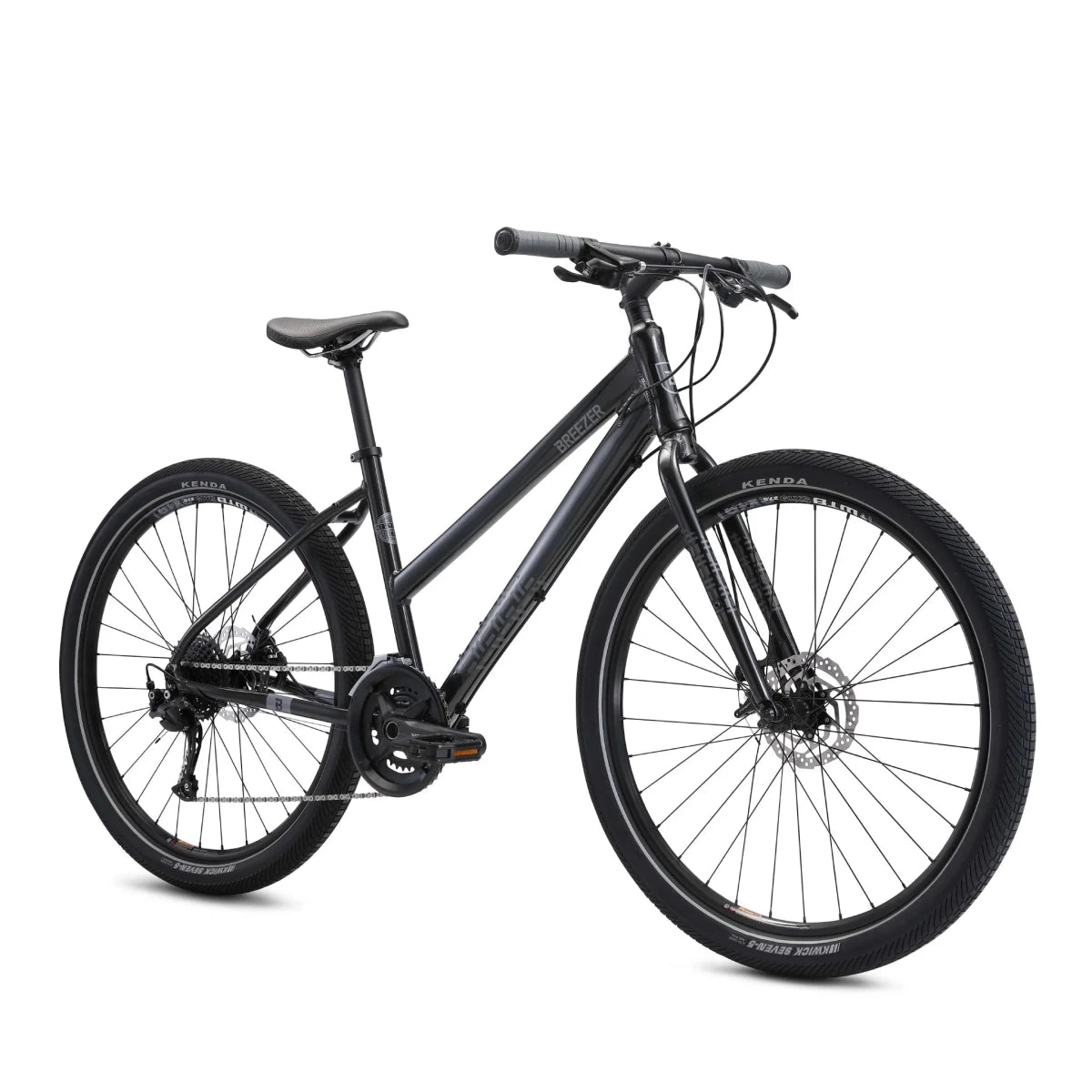 Breezer Midtown 1.5 ST dark grey hybrid bike – Step-through dark grey aluminum hybrid bicycle with flat handlebars, black saddle, Kenda Kwick Roller tires on black rims, front disc brake, and Shimano drivetrain shown against a white background.