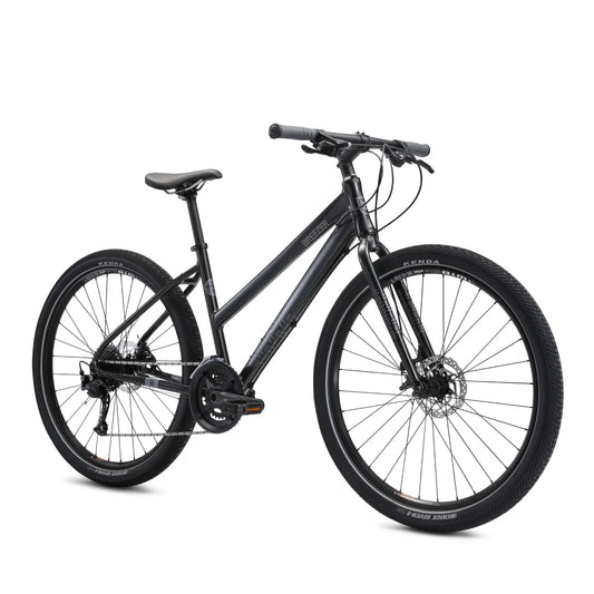 Breezer Midtown 1.5 ST dark grey hybrid bike – Step-through dark grey aluminum hybrid bicycle with flat handlebars, black saddle, Kenda Kwick Roller tires on black rims, front disc brake, and Shimano drivetrain shown against a white background.