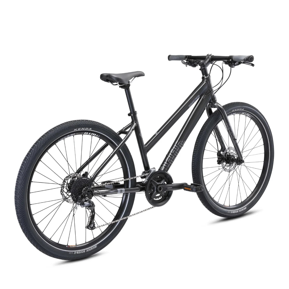Breezer Midtown 1.5 ST step-through hybrid bicycle – Matte black step-through hybrid bicycle photographed against a white background, featuring a low curved top tube, flat handlebar, Kenda Kwick Roller tires, front and rear disc brakes, and a multi-gear drivetrain.