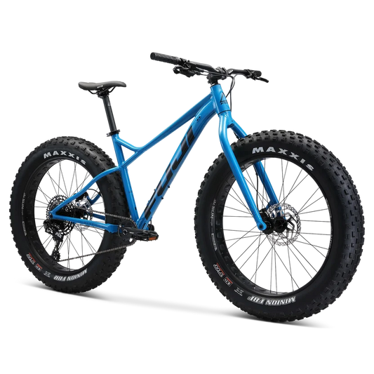 Fuji Wendigo 1.1 blue fat bike – A bright blue Fuji Wendigo fat bike with oversized Maxxis tires, a black saddle, and disc brakes, shown in a three-quarters profile against white.