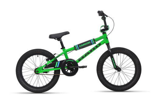 Haro Shredder 18 green kids bike – Profile view of a bright green BMX-style kids bicycle with black wheels, padded top tube and handlebar, black chain guard, and Haro branding against a white background.