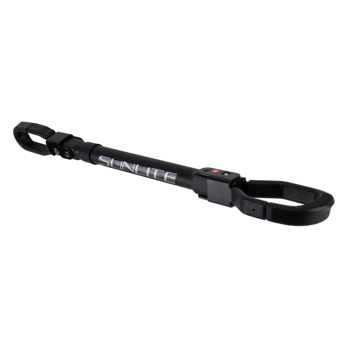 Black Sunlite DLX cross bar adapter – This black metal cross bar adapter for car racks features a central telescoping tube with white Sunlite branding and hinged, molded end clamps set against a white backdrop.