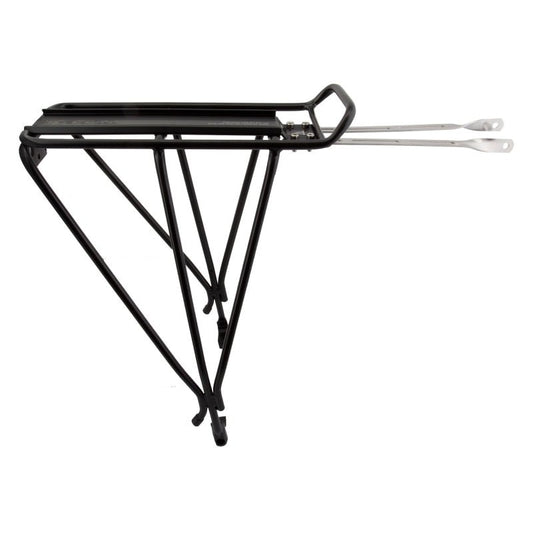 Black Topeak Explorer disc rear bike rack – A black tubular aluminum rear bicycle rack with silver mounting stays extends against a plain white background in a crisp side profile view.