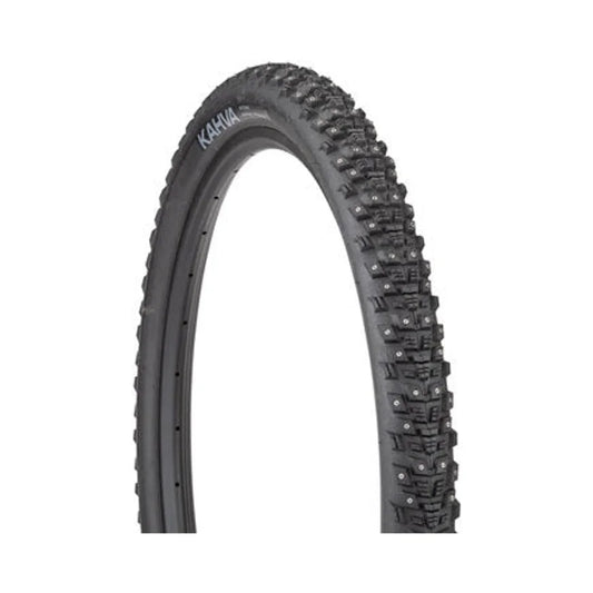 45NRTH Kahva studded bicycle tire – A knobby black bicycle tire mounted on a rim against a white background, highlighting small metal carbide studs embedded throughout its tread pattern.