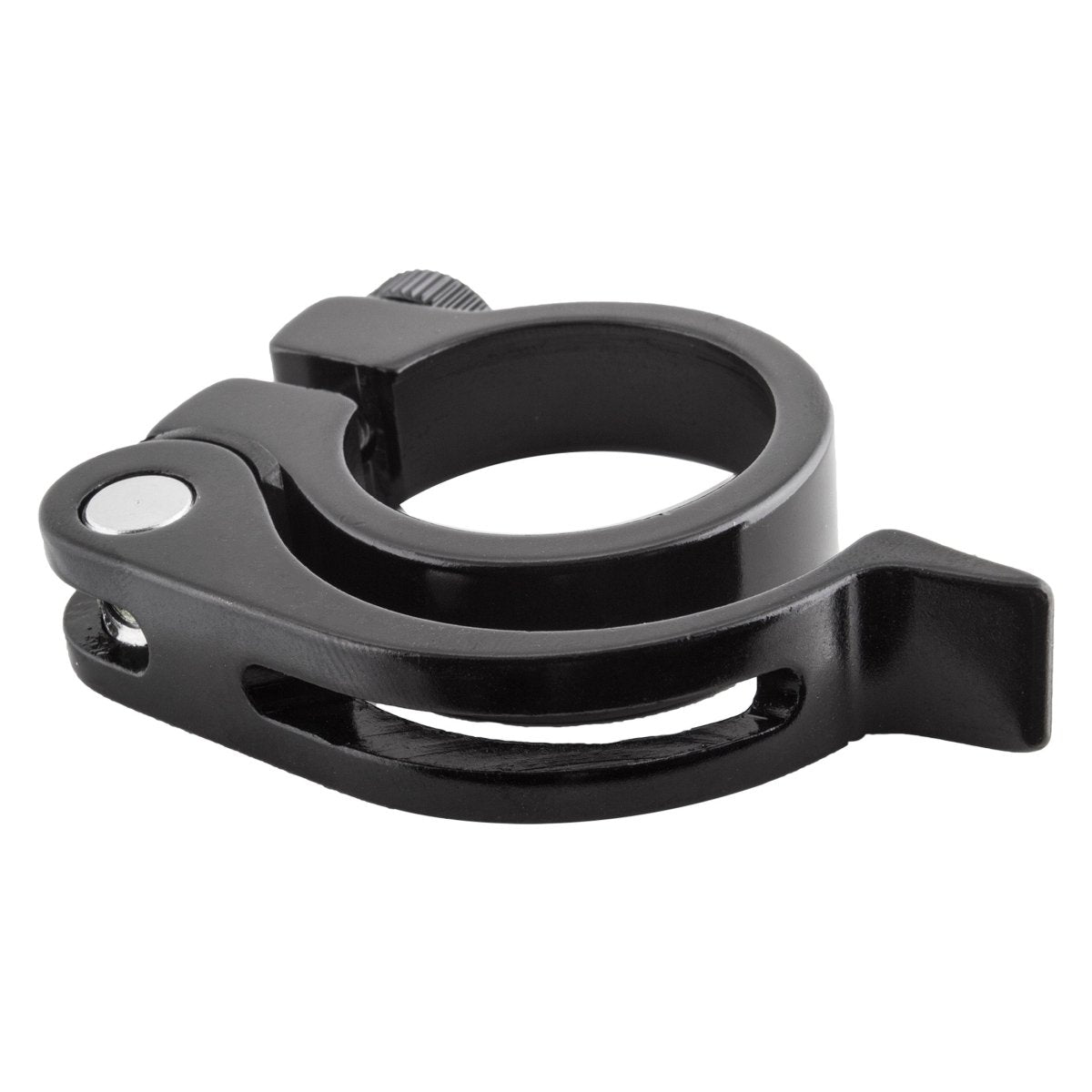 Black quick release bicycle seat clamp – A black metal bicycle seat post clamp rests on a white background, featuring a circular collar, a knurled adjustment nut, and a cutout quick-release lever.