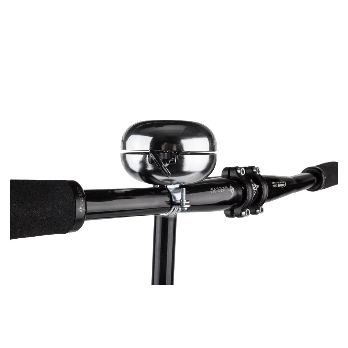 Sunlite Ding Dong chrome bike bell – A polished chrome ding dong bicycle bell mounted onto black handlebars, featuring a metallic thumb lever and screw clamp against a plain white background.