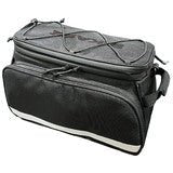Black 26L strap-mount bicycle rack bag – Large black BiKASE Big Poppa rack bag with bungee cord crisscross lacing on top, side handle, and reflective trim along the lower edge, shown against a white background.