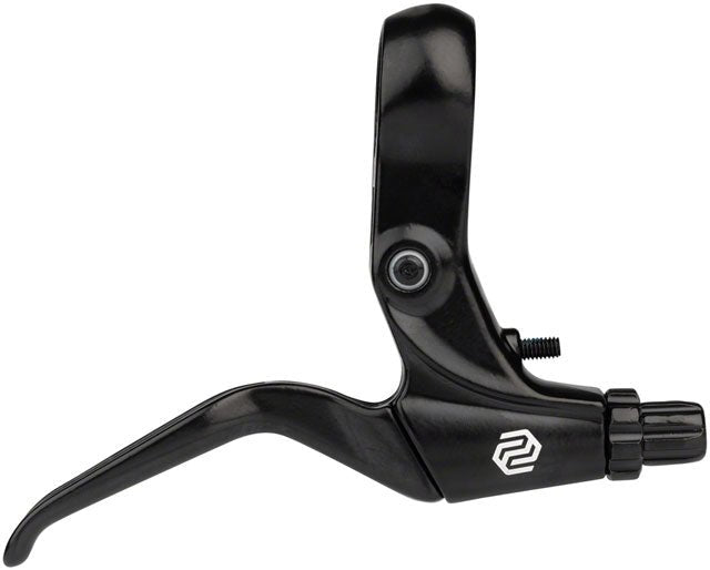 Promax black short-pull brake lever – A sleek black aluminum short-pull bicycle brake lever with an integrated handlebar clamp, reach adjust screw, barrel adjuster, and white logo against a plain white background.