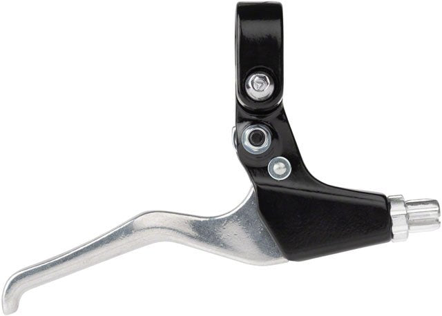 Promax left locking brake lever – A bicycle brake lever featuring a curved silver metal handle, a glossy black handlebar clamp with mounting hardware, and an integrated barrel adjuster, set against a plain white background.