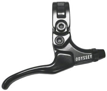 Black Odyssey Monolever BMX brake lever – A glossy black metal bicycle brake lever with a hinged handlebar clamp, cable adjuster, and white Odyssey logo displayed against a white backdrop.