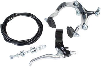 Silver caliper brake and lever set – A silver bicycle caliper brake with black pads sits above a coiled black cable, mounting bolt hardware, and a matching hand lever on white background.