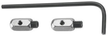 Odyssey knarps cable anchors with Allen wrench – Two silver barrel-shaped cable anchors with black threaded set screws rest on a white background beneath a matching black L-shaped Allen key.