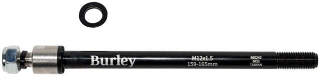 Burley black bicycle thru axle with washer – A black metal bicycle thru-axle displayed horizontally with silver hardware on the left end, threaded tip on the right, and a loose black washer above.