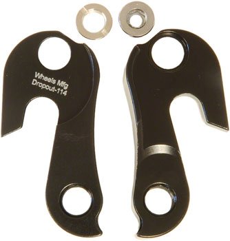 Wheels Manufacturing black derailleur hanger 114 – Front and back views of a black aluminium derailleur hanger with white branded text, accompanied by two silver mounting washers against a white backdrop.