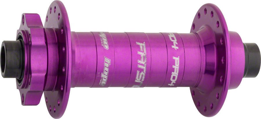 Purple Hope Pro 4 front fat bike hub – A machined purple anodized bicycle front hub with six-bolt disc rotor mount, spoke flange holes, black end caps, and white laser-etched graphics against a plain white background.