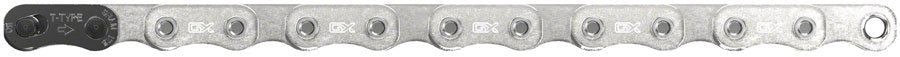 SRAM GX Eagle T-Type flattop chain – Horizontal view of a silver steel bike chain featuring a distinct flat top edge, stamped GX logos, and a black quick link at one end against a white background.