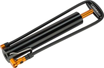 Lezyne Micro Floor Drive XL handpump with foot peg – A compact black and gold aluminum bike pump rests diagonally against a white background, featuring a fold-out wire foot peg and integrated flexible hose.