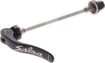 Salsa front stainless flip-off skewer black – A bicycle quick-release skewer with a silver stainless steel rod, conical springs, black end nut, and curved black lever printed with the white Salsa logo.