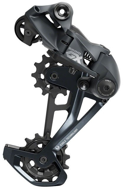 SRAM GX Eagle rear derailleur in matte grey – Matte grey 12-speed bicycle rear derailleur displays the silver SRAM GX logo on its outer link and Eagle Technology branding along the lower pulley cage, set against a plain white background.