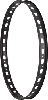 Sun Ringle Mulefut 50 SL bicycle rim – Matte black bicycle rim with rectangular weight-saving cutouts and spoke holes along the rim bed, displayed angled upright against a white studio background.