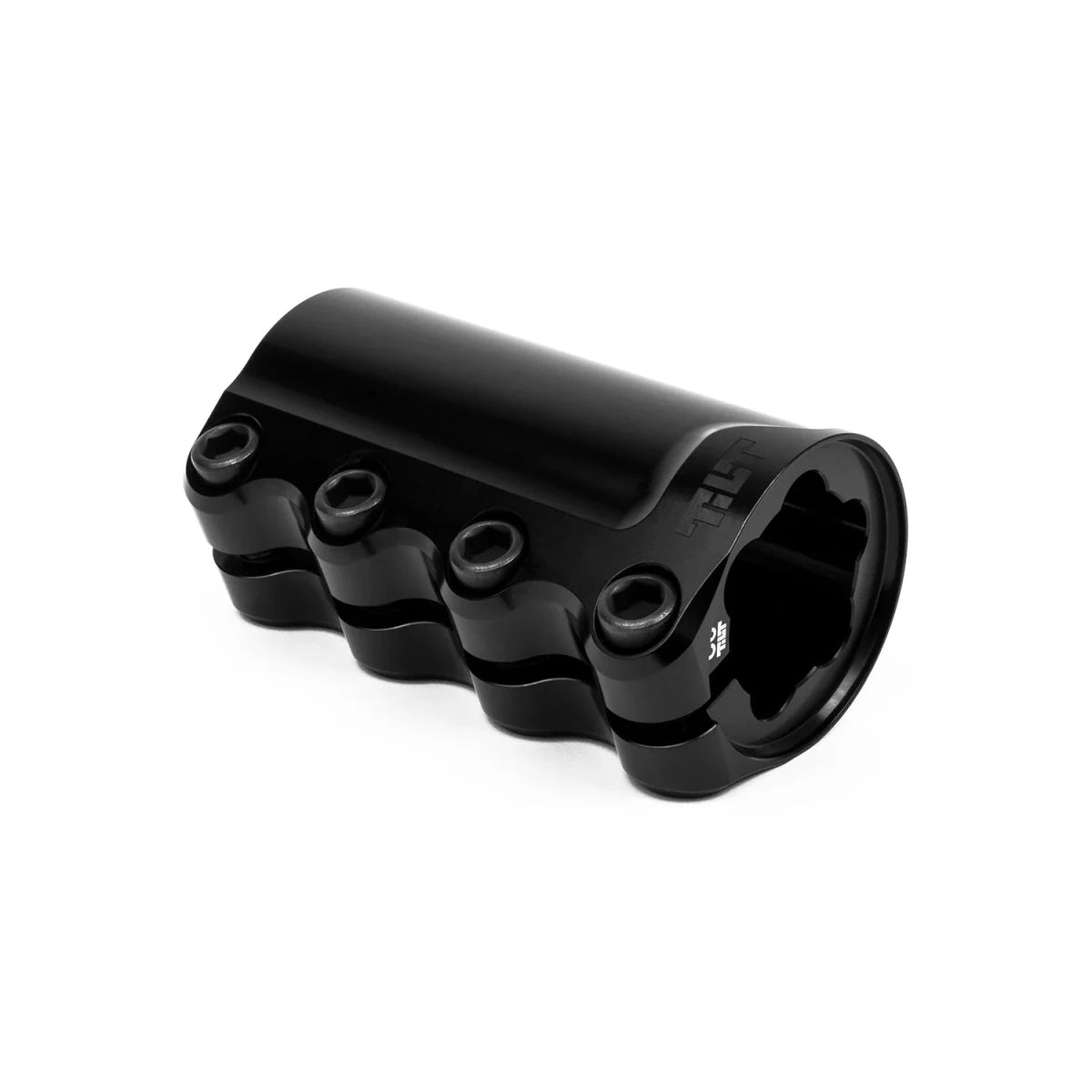 Tilt Rigid SCS scooter clamp in black – A sleek, black aluminum quad scooter clamp with four hex bolts resting horizontally against a plain white background, showing debossed logo details.