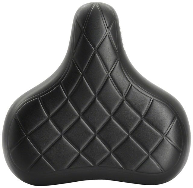 Black diamond-pattern cruiser bicycle saddle – Top-down view of an extra-wide black bicycle saddle featuring a textured, quilted diamond grid pattern embossed across its cushioned surface over a plain white background.