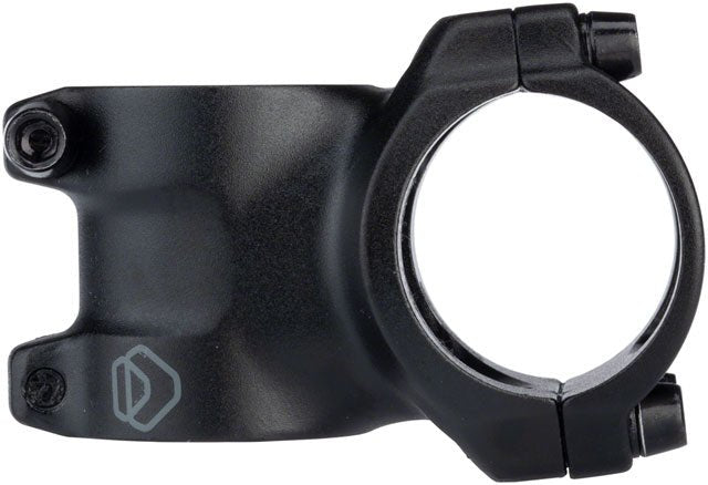 Dimension black aluminum trail bike stem – Side view of a compact black aluminum trail bike stem with hex bolts and a subtle logo, displayed cleanly against a white backdrop.