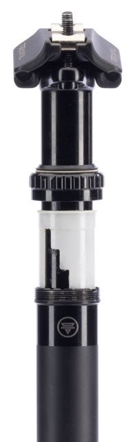 Teravail Telec black dropper seatpost – A black bicycle dropper seatpost displayed vertically against a white background, showing the saddle clamp at the top and an internal white bushing spacer mechanism exposed along the shaft.