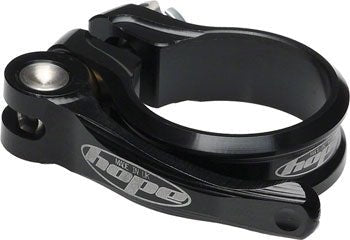Hope black quick release seat clamp – A black anodized aluminium quick release bicycle seat clamp with a curved ergonomic lever and laser-etched Hope logos, photographed against a plain white background.