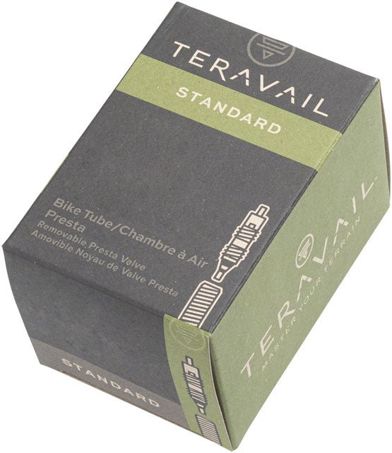 Teravail Standard Presta valve bike tube box – A charcoal gray and olive green Teravail Standard bike tube box stands against a plain white background, highlighting printed white text and a Presta valve illustration.