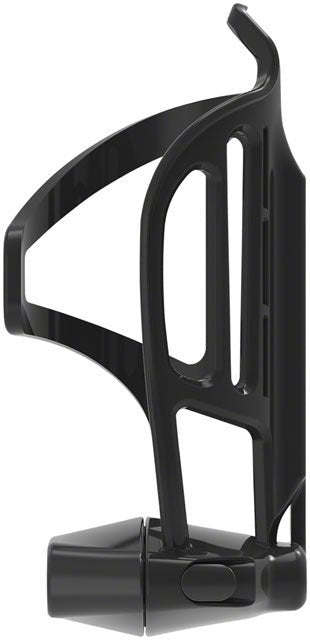 Lezyne black flow storage water bottle cage – A glossy black composite water bottle cage shown in profile against a plain white background, featuring cutouts and an integrated storage container at the base.