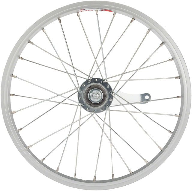 Sta-Tru silver rear coaster brake wheel – Centred on a white background, this silver steel bicycle wheel features metallic spokes radiating from a central coaster brake hub and arm to a single-wall rim.