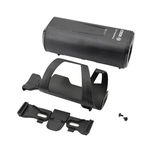 Bosch PowerMore 250 range extender battery kit – A compact black Bosch PowerMore 250 cylindrical battery displayed alongside its matching plastic mounting cage, frame bracket, and two small black screws over a plain white background.