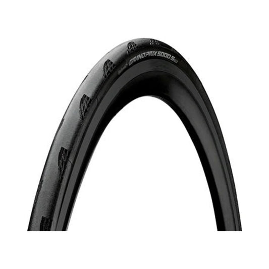 Continental Grand Prix 5000 S road tire – A curved section of a black Continental Grand Prix 5000 S road bike tire against a plain white background, showing its smooth tread, textured shoulder grip, and sidewall branding.