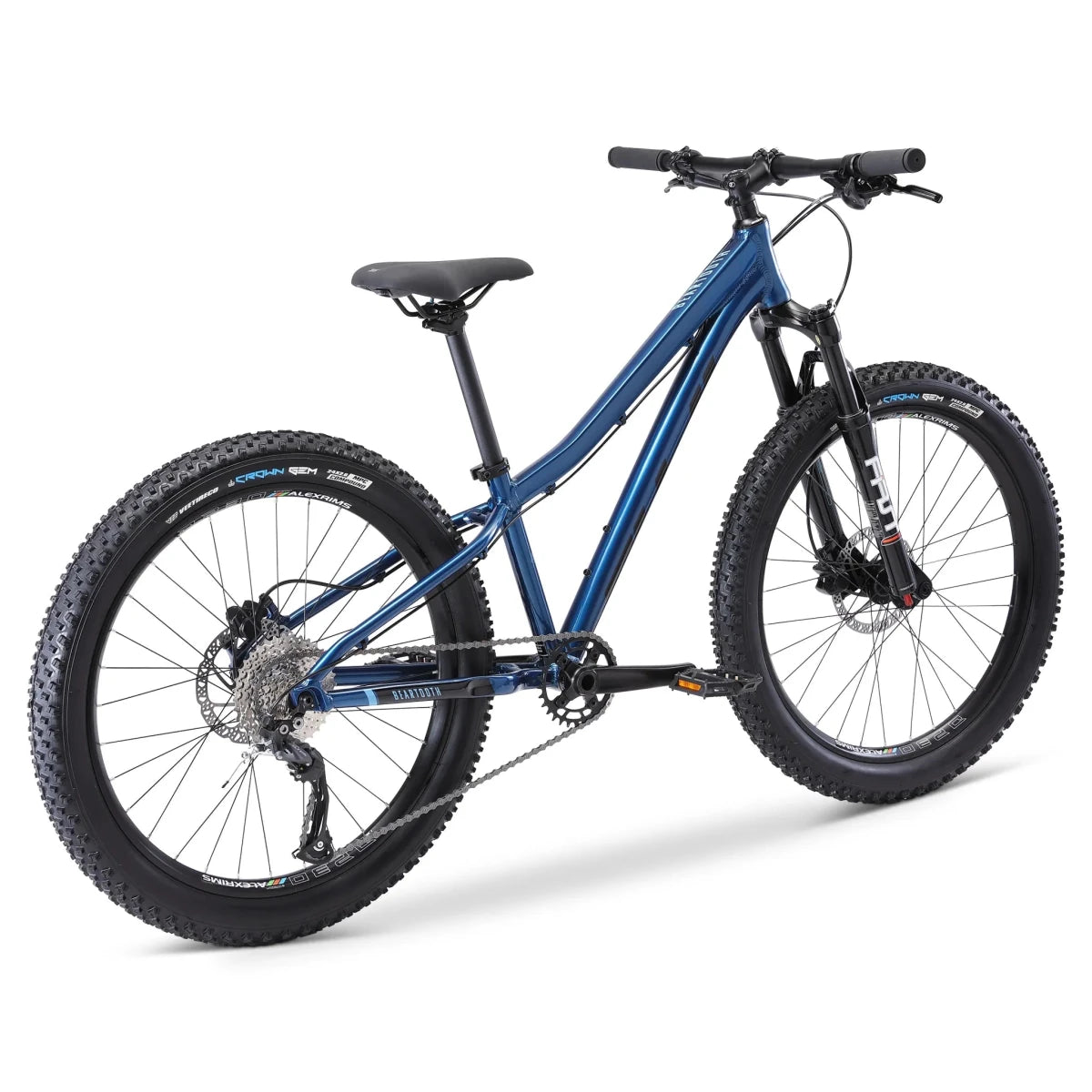 Fuji Beartooth youth hardtail bicycle – Metallic blue youth hardtail mountain bike with wide knobby tires, front suspension fork, disc brakes, and black components, shown against a plain white studio background.