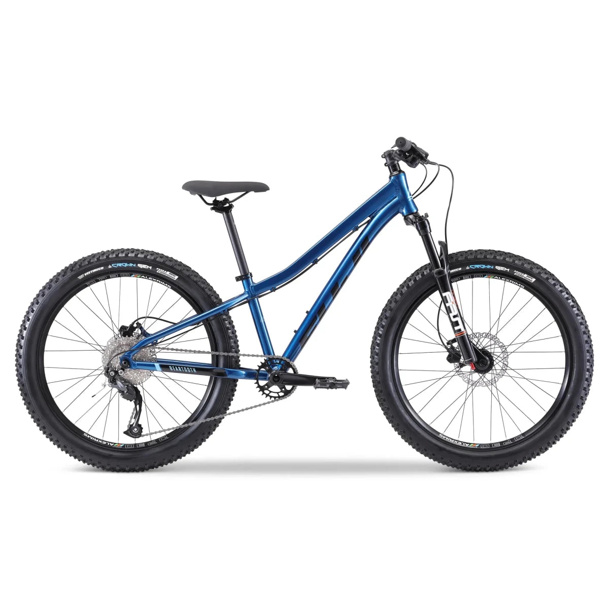 Metallic blue youth hardtail mountain bike – This metallic blue youth hardtail bicycle is shown in a side profile on a white background, featuring knobby plus-size tires, front suspension, and disc brakes.