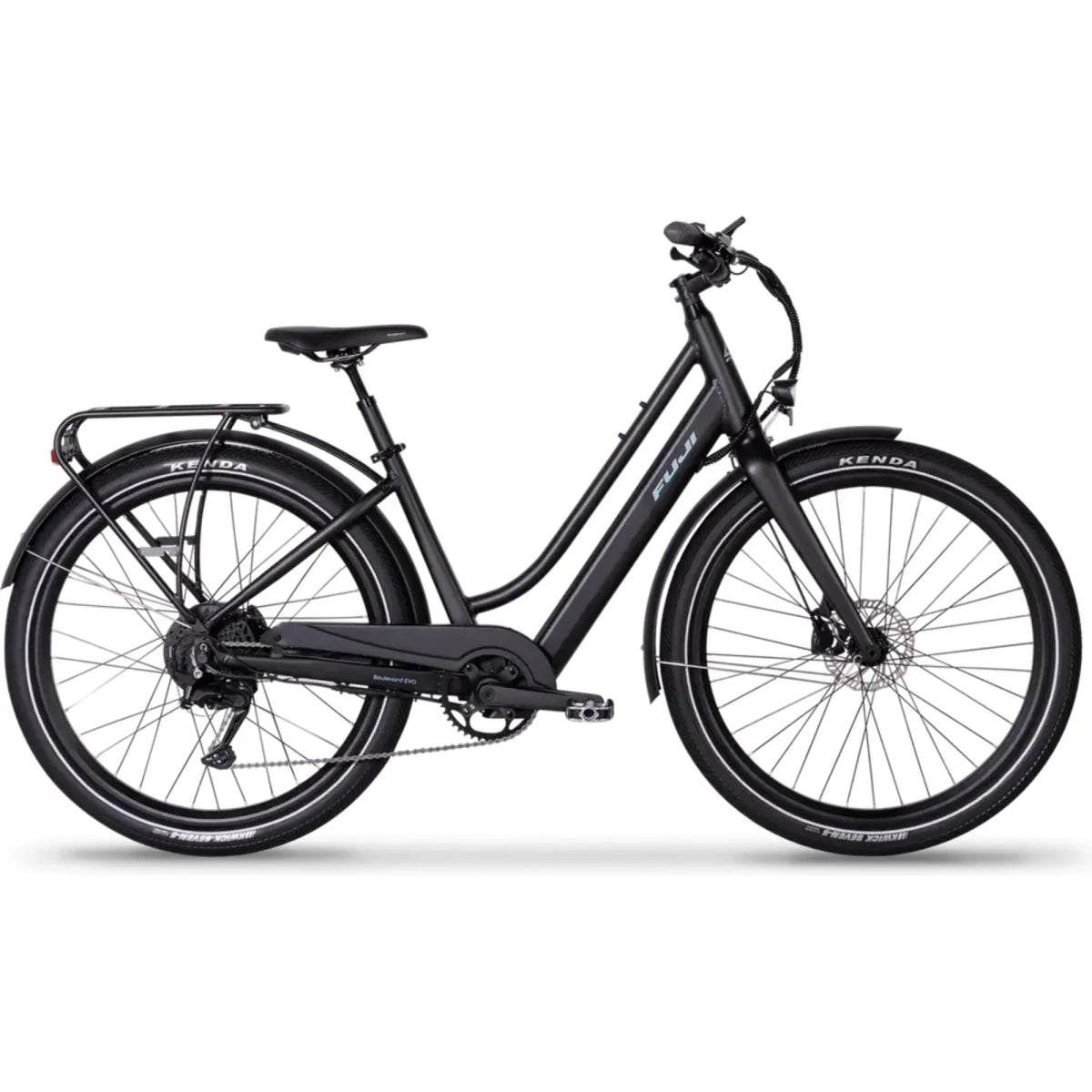 Matte black Fuji step-thru electric commuter bike – Matte black step-thru electric bicycle shown in side profile on a white background, equipped with a rear cargo rack, front and rear fenders, and black Kenda tires.