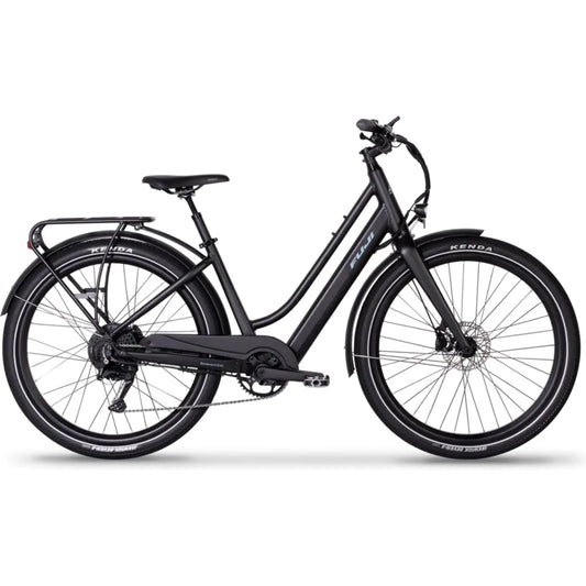 Matte black Fuji step-thru electric commuter bike – Matte black step-thru electric bicycle shown in side profile on a white background, equipped with a rear cargo rack, front and rear fenders, and black Kenda tires.
