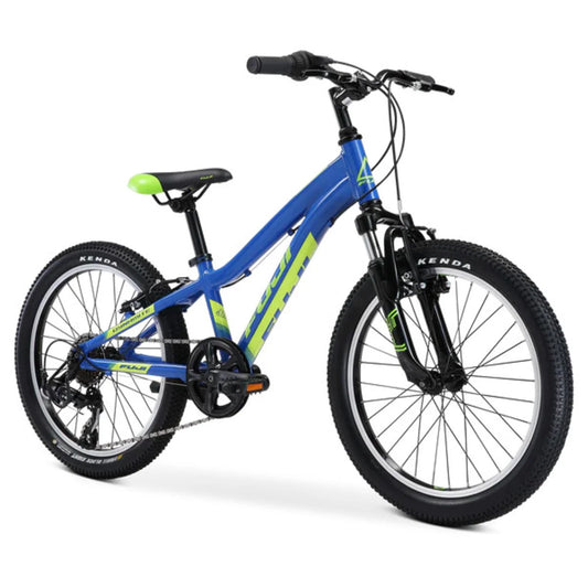 The Fuji Dynamite 20 is the perfect first mountain bike for young riders ready to explore neighborhood trails, parks, and dirt paths. Built with a lightweight aluminum frame, front suspension fork, and a simple 1x6 Shimano drivetrain, it delivers confidence, comfort, and reliable performance as kids develop their riding skills.