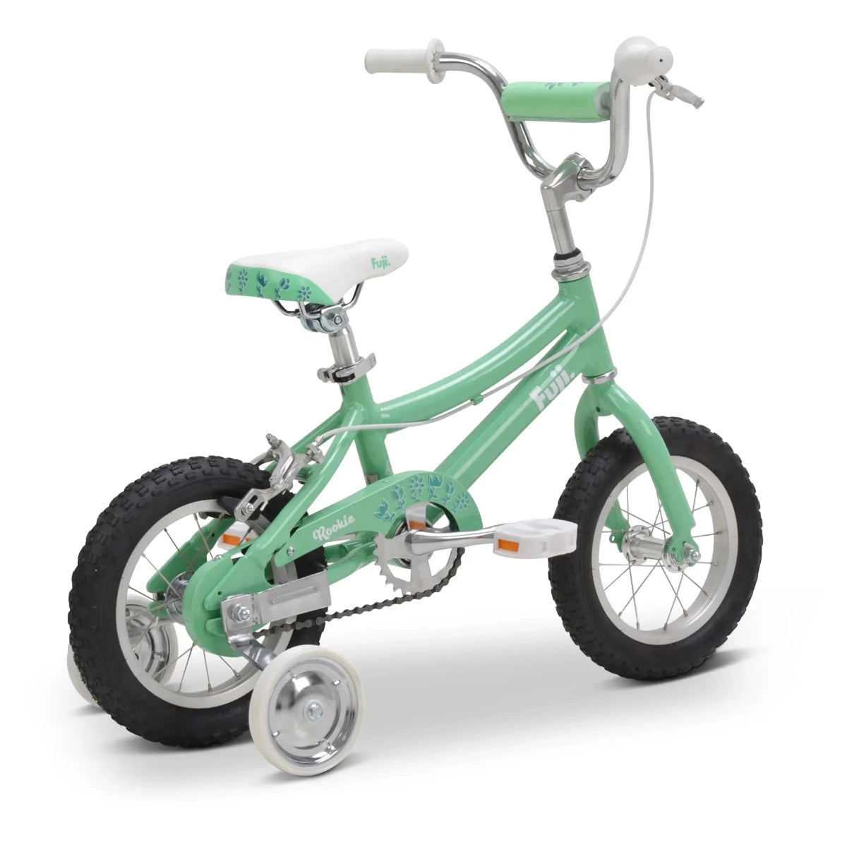 Fuji Rookie 12 youth bicycle in mint green – A light green youth bicycle with training wheels, white seat, chrome handlebars, and chunky black tires shown from a three-quarter rear angle against a plain white background.