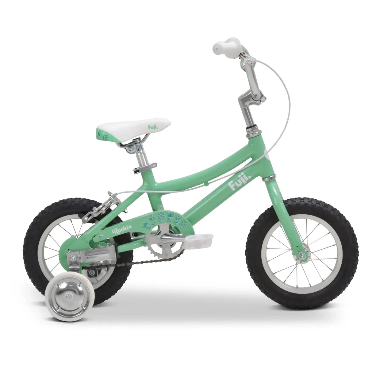 Mint green Fuji Rookie youth bicycle – A mint green Fuji youth bicycle with training wheels, featuring a white saddle, floral-patterned chainguard, chrome handlebars, and knobby tires shown against a white background.