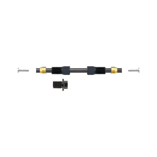 Black hydraulic hose kit with fittings – A straight black hydraulic hose segment displayed horizontally on white, flanked by silver inserts, gold-tone olives, and threaded black nuts.